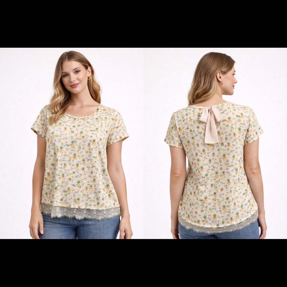 LC Lauren Conrad Pineapple Print Lace Hem Top